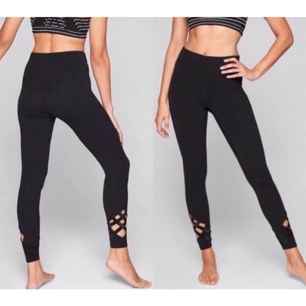 Athleta Solid Black High Rise Strappy Lattice Sublime 7/8 Tight Leggings S 77816